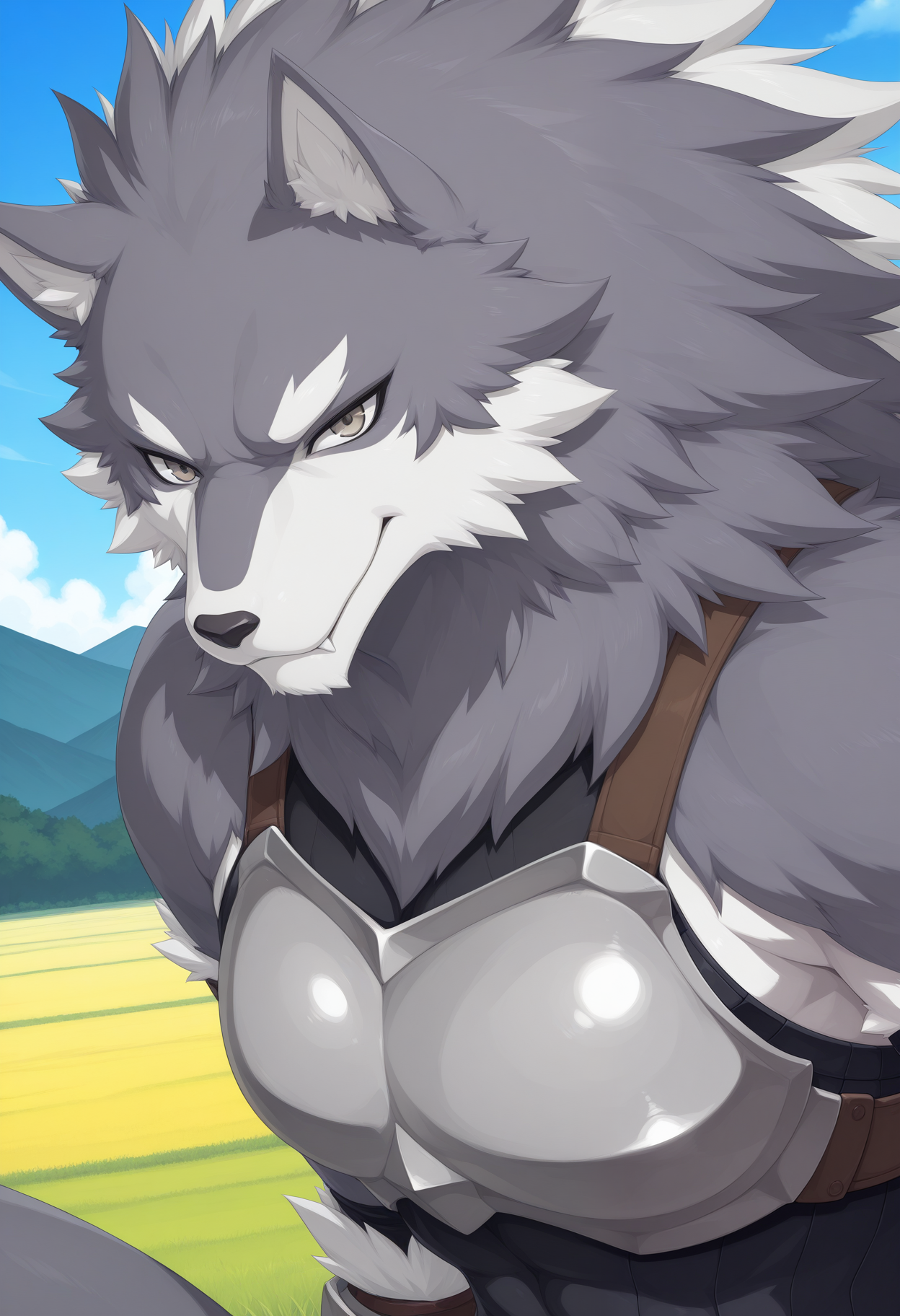masterpiece,best quality,amazing quality, 1boy, solo, a1n, wolf boy, furry male, grey eyes, breastplate, black underbust armor, outdoors, close up, side angle, smirk,