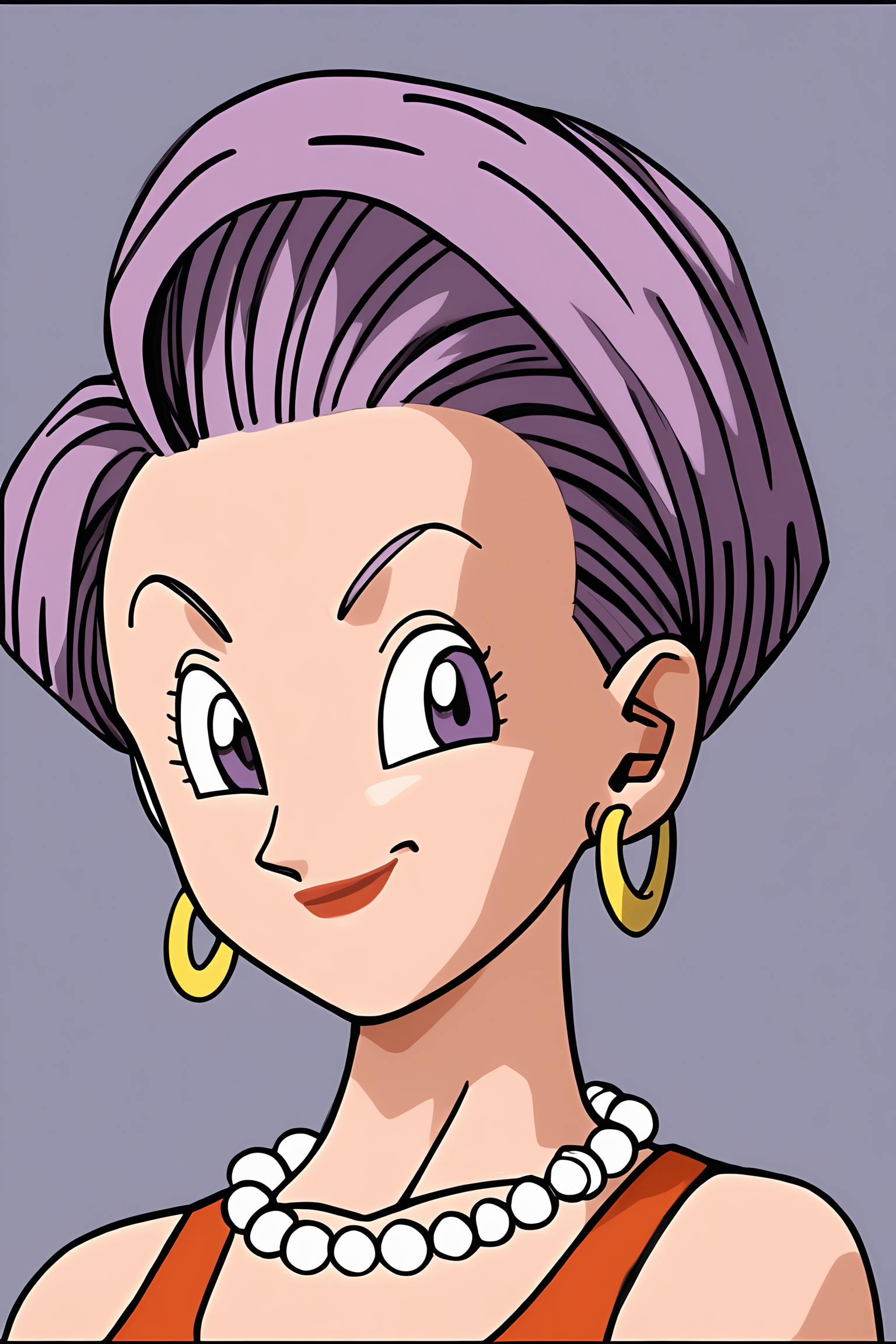 source_anime, score_9, score_8_up, score_7_up, anime screencap, absurd res, high quality,
bulma, DBZ, end of z, comic, 1girl, solo, looking at viewer, smile, short hair, purple eyes, eyelashes, portrait, wavy hair, purple hair, hoop earrings, red dress, sleeveless dress, aqua hair, pearl necklace, collarbone, bare shoulders
 <lora:DB_Bulma_v2:0.8>