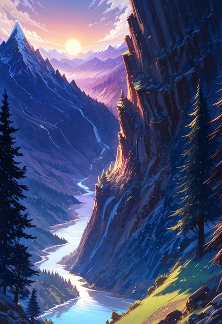 score_9, score_8_up, score_7_up, masterpiece, landscape, trees, sun, forest, mountains, river, epiCPhoto, hkmagic