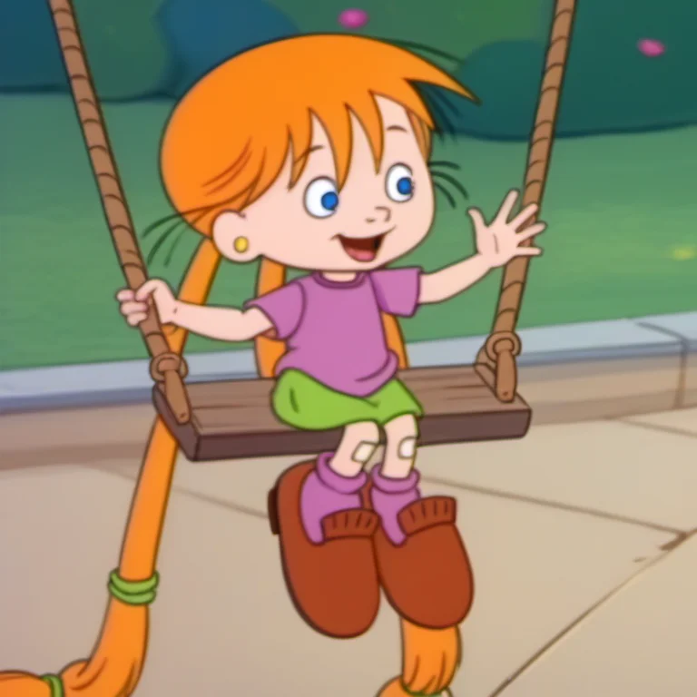 score_9, masterpiece, 1girl, solo, jacbw1, blue eyes, orange hair, very long twintails, waving, jewelry, earrings, smile, open mouth, purple shirt, green skirt, bandaid on knee, purple socks, brown footwear, child, full body, swing set, <lora:jacbw1-000010:1>,