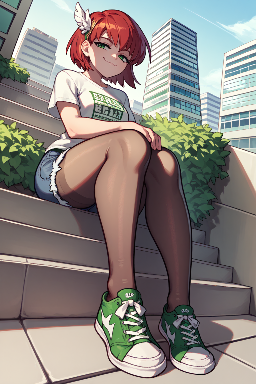 score_9, score_8_up, score_7_up, BREAK <lora:NSPriscillaFE7:1> 1girl, solo, NSPriscillaFE7, red hair, green eyes, short hair, wing hair ornament,  graphic tee, purple t-shirt, denim shorts, pantyhose under shorts, pantyhose, sitting, stairs, outdoors, city, sneakers, dutch angle, full body, from below, looking at the viewer, smug