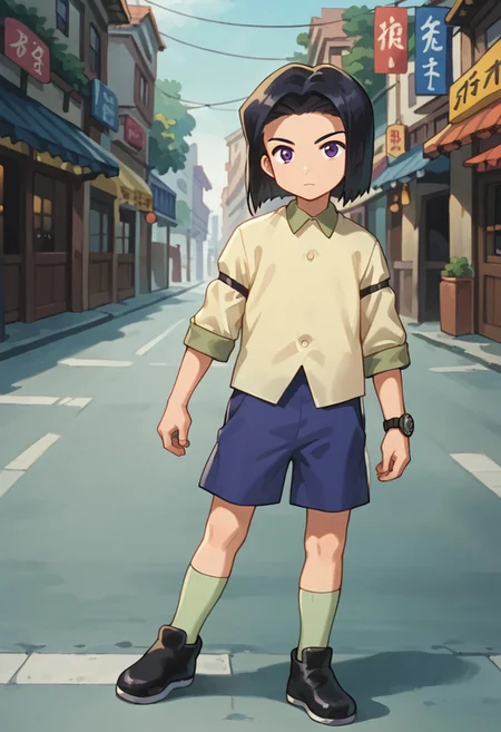 score_9, score_8_up, score_7_up, score_6_up, highly detailed,Good Colors, Good Shading, Good Eyes, Contrast Shading, alone, Kouji, 1boy, male_focus, black long hair, purple eyes, beige shirt, blue shorts, light green socks, black shoes, watch, japanese street, anime style