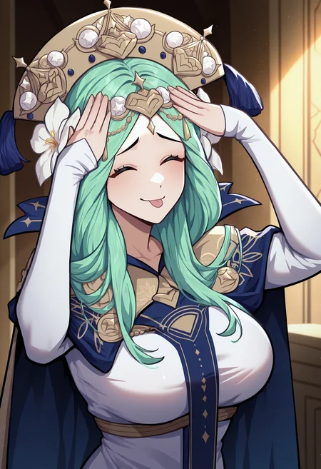 masterpiece, best quality, newest, absurdres, highres, AhEtoBlehMeme, closed eyes, tongue out, :p, hands on own head, smile, <lora:AhEtoBlehMeme_illusXLNoobAI_Incrs_v1-000008:1>, upper body, indoors, <lora:ferhea-illu-nvwls-v1:1> dfrh3a, green hair, long hair, gold headdress, hair flower, tiara, blue and gold cape, high collar, white dress, long dress, gold brooch, blue tabard, long sleeves, large breasts,