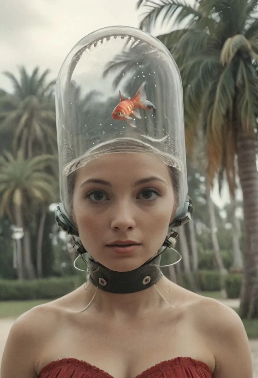upper body shot, wired cyborg fishtank-head, female person in Red Vintage summer dress standing outside under palm trees, cleavage, miami beach in summer, with a fishtank as head with her head and some small fished swimming in it like a aquarium, bubbles, closeup,
atmospheric haze, Film grain, cinematic film still, shallow depth of field, highly detailed, moody, epic, photorealistic, atmospheric lighting, billowing cloud backdrop with volumetric lighting from within ,