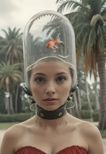 upper body shot, wired cyborg fishtank-head, female person in Red Vintage summer dress standing outside under palm trees, cleavage, miami beach in summer, with a fishtank as head with her head and some small fished swimming in it like a aquarium, bubbles, closeup,
atmospheric haze, Film grain, cinematic film still, shallow depth of field, highly detailed, moody, epic, photorealistic, atmospheric lighting, billowing cloud backdrop with volumetric lighting from within ,