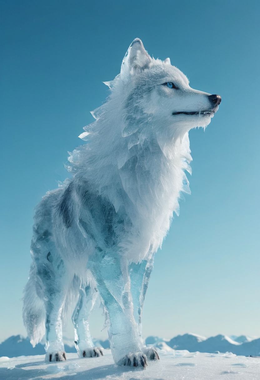 ice and cloud wolf in the arctic with a clear blue sky