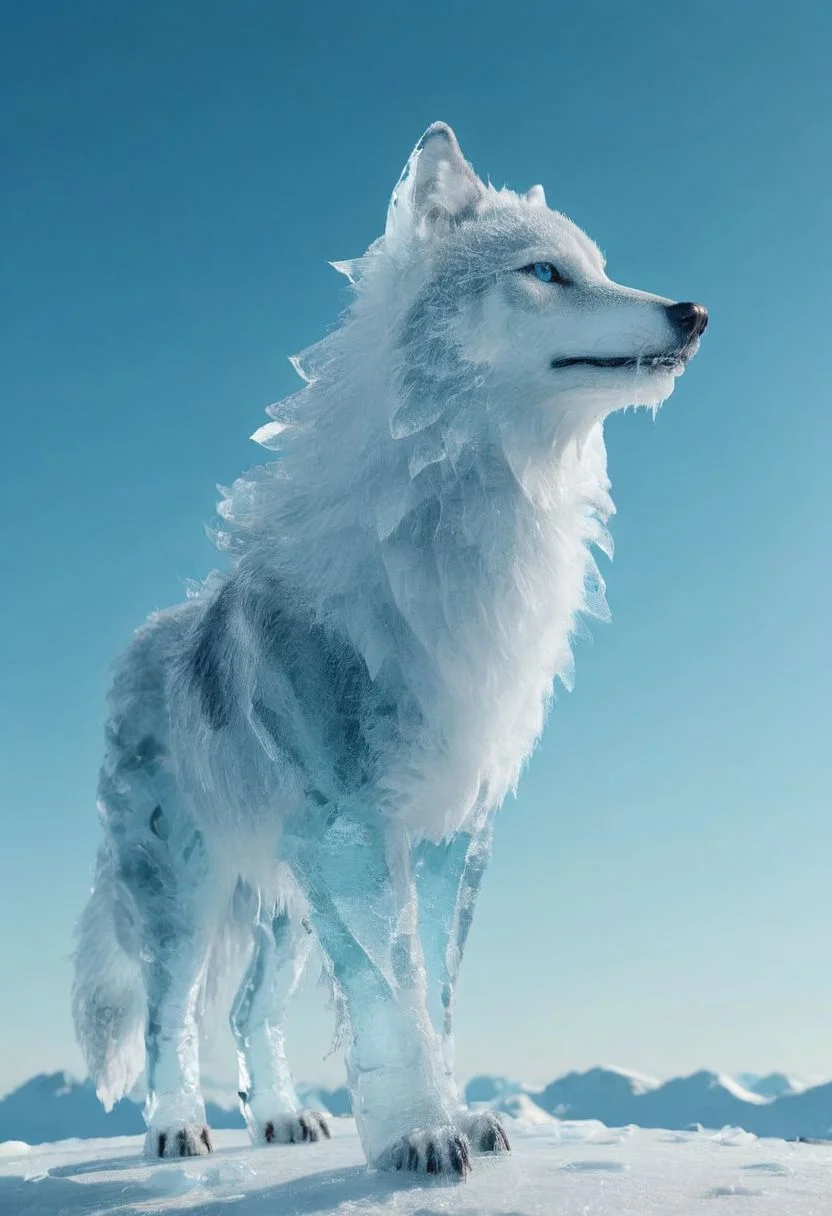 ice and cloud wolf in the arctic with a clear blue sky