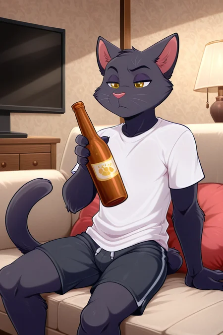 masterpiece, best quality, amazing quality, very aesthetic, high resolution, ultra-detailed, absurdres, newest, lonbluewolf BREAK 1boy, solo, k3k, anthro, furry male, cat ears, cat tail, detailed eyes, yellow eyes, white shirt, black shorts, half-closed eyes, holding bottle, bored, sitting, on couch, indoors, living room, couch, pillow, lamp, television