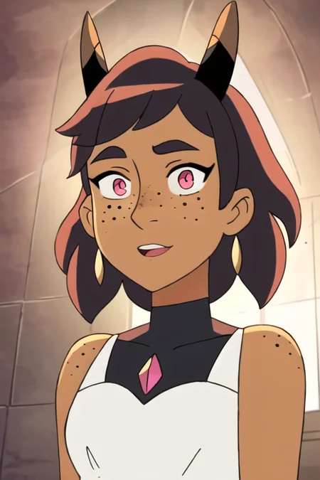 a woman with horns, freckles on her shoulders, big pink eyes, wearing a white dress, standing near a palace, warm lighting