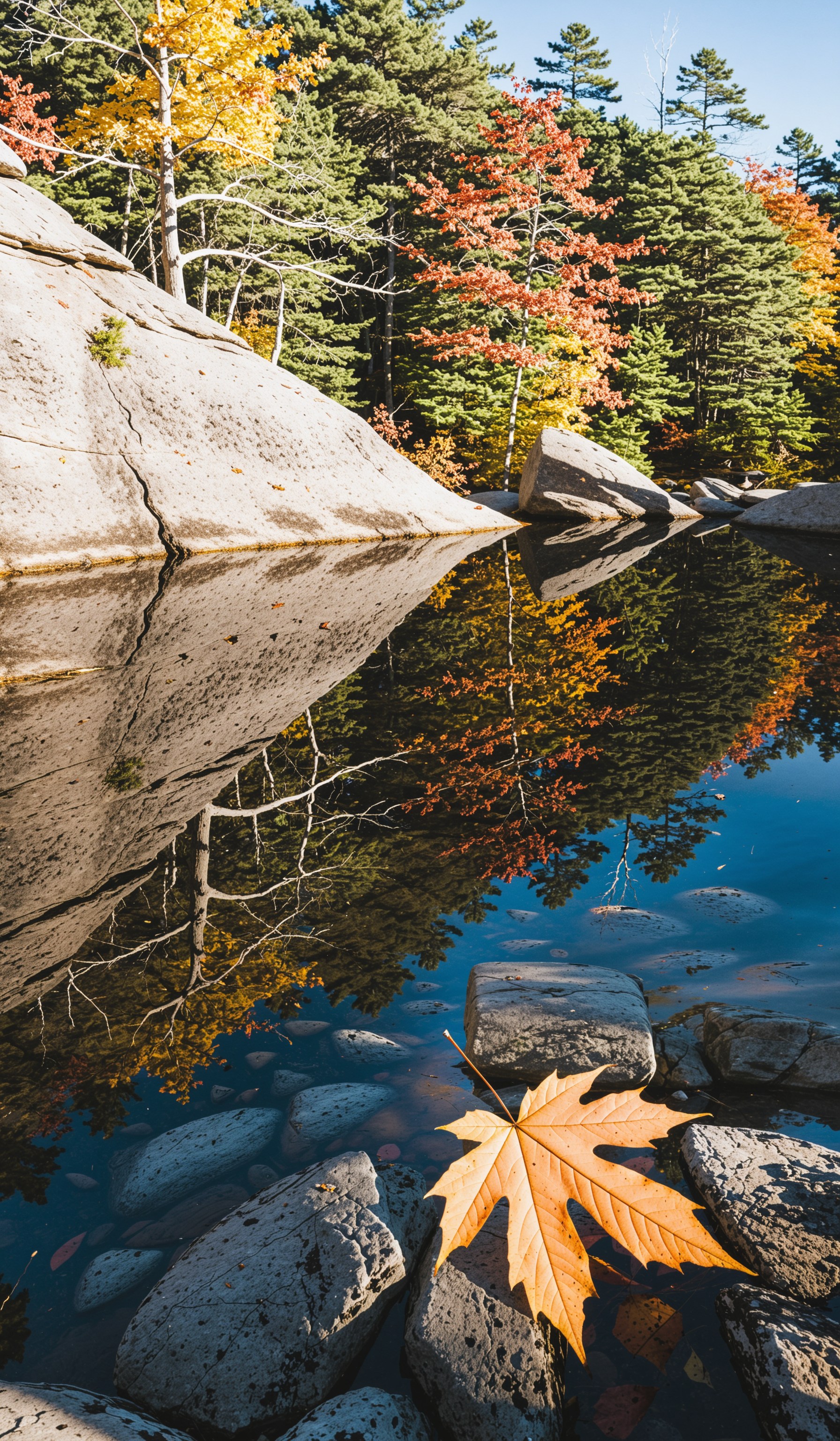 Killarney Provincial Park in Ontario in autumn, Canada, action shot, dynamic angle, pure energy, perfect composition, stunning, film grain, atmospheric, vibrant colors, reflections, shadowplay