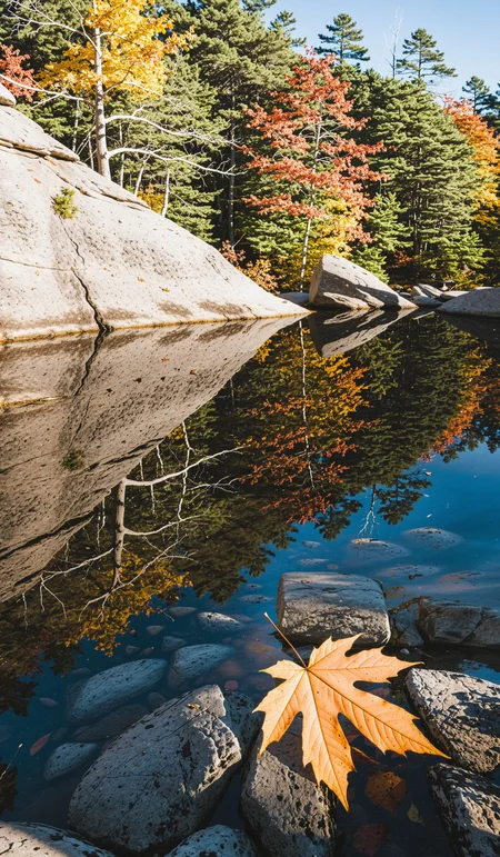Killarney Provincial Park in Ontario in autumn, Canada, action shot, dynamic angle, pure energy, perfect composition, stunning, film grain, atmospheric, vibrant colors, reflections, shadowplay
