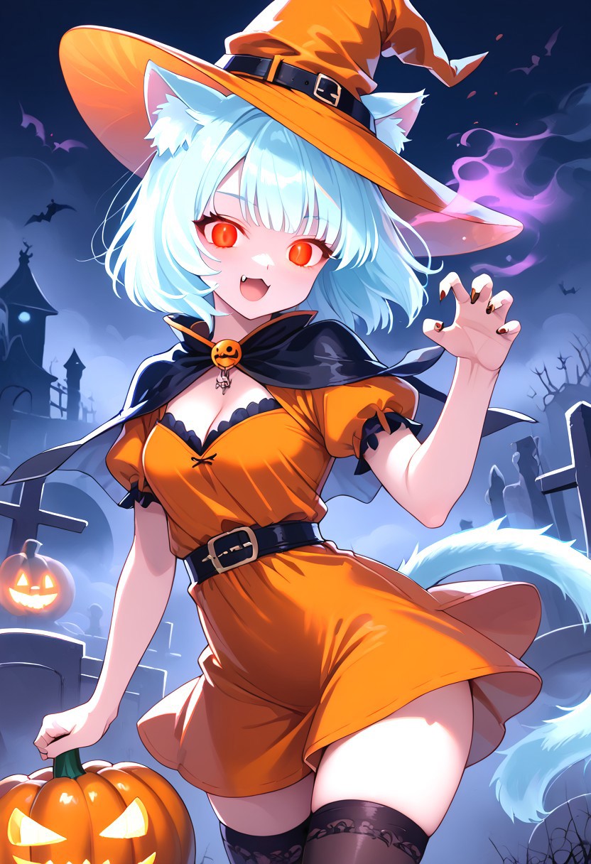 (masterpiece), (score_9, score_8_up, score_7_up,source_anime), 4K8K, 
(from behind:1.3), misty, steam, fog, skull object,  Floating Halloween pumpkins, 
halloween, halloween fantasy, (ais-ghostly, ghostly Owl), 
Japanese cute woman, claw pose, crossed legs, turn around, (solo), burning pumpkin, Fire Ball spell casting, (dark aura:1.4), open mouth, Canine, tooth, fang, cat tails, 
(medium figure:0.9), (pointy breasts:1.1), 
(opal hair, bob cut hair), (red glowing eyes, slanted eyes:1.2), 
(wearing orange Witch Costume, witch, orange dress, orange hat, zettai ryouiki, orange garterbelt,  thighhighs:1.2), 
(in Foggy graveyard at dark night:1.3), nekomata, cat girl, cat ears, animal ears, animal ear fluff,