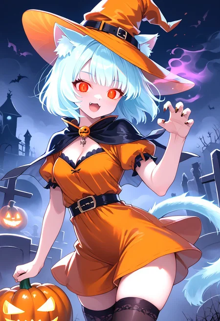 (masterpiece), (score_9, score_8_up, score_7_up,source_anime), 4K8K,
(from behind:1.3), misty, steam, fog, skull object, Floating Halloween pumpkins,
halloween, halloween fantasy, (ais-ghostly, ghostly Owl),
Japanese cute woman, claw pose, crossed legs, turn around, (solo), burning pumpkin, Fire Ball spell casting, (dark aura:1.4), open mouth, Canine, tooth, fang, cat tails,
(medium figure:0.9), (pointy breasts:1.1),
(opal hair, bob cut hair), (red glowing eyes, slanted eyes:1.2),
(wearing orange Witch Costume, witch, orange dress, orange hat, zettai ryouiki, orange garterbelt, thighhighs:1.2),
(in Foggy graveyard at dark night:1.3), nekomata, cat girl, cat ears, animal ears, animal ear fluff,