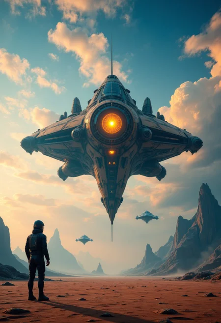 (mainly blue colours) Imagine a futuristic, desert-like landscape with a sci-fi theme. The central focus is a large, sleek spacecraft. The spacecraft has a large, round cockpit with a bright, glowing orange light emanating from it, suggesting it's active. The cockpit is surrounded by a complex array of sensors, antennas, and control panels. In the foreground, on the left, stands a humanoid figure in a futuristic, armored suit with a helmet, possibly a pilot or a crew member. The figure is silhouetted against the sun, casting a shadow, and appears to be gazing upward at the spacecraft. The background features a vast, arid desert with scattered rocks and a few small, rugged mountains in the distance. The sky is a gradient of warm, golden hues, with fluffy, white clouds scattered across it. Two additional spacecraft, similar in design to the central one, are visible in the background, hovering in the sky. The overall atmosphere is one of awe and anticipation, suggesting a moment of arrival or exploration in a distant, alien world. The atmosphere is serene yet awe-inspiring, with a mystical, almost dreamlike quality. The composition is cinematic, with a sense of scale that emphasizes the sheer grandeur of the ship against the timeless landscape. High detail, ultra-textured, 8K resolution, atmospheric depth, concept art. aidmaHyperrealism, aidmaimageupgrader, aidmamjv7