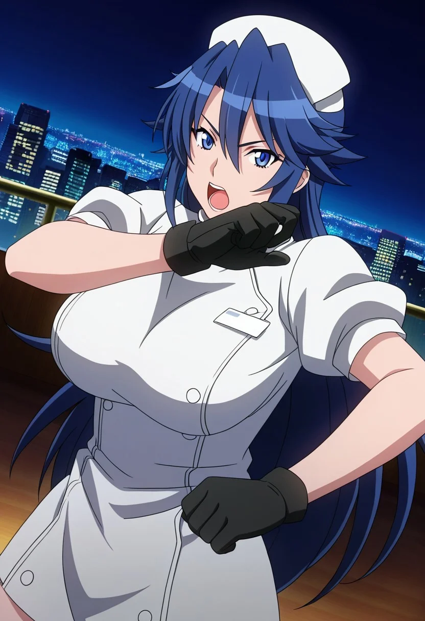 general,highres, ultra-detailed,very aesthetic,best quality ,best hands,best eyes,easynegative,
dynamic anglre, dutch angle, anime cloring,anime screencap,
1girl solo,looking at viewer,city,night,gloves, open mouth, fighting, 
Sayo Hitsugi, blue_eyes, blue_hair, long_hair, huge_breasts,, nurse uniform,