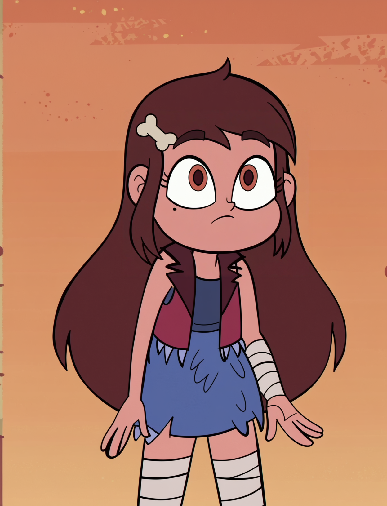 score_9, score_8_up, score_7_up, score_6_up, score_5_up, 1girl, <lora:SVTFOE_Diaz_Family:1> mariposa diaz, vest, blue dress, bandages, brown hair, long hair, brown eyes, bone hair ornament, 
<lora:Khyleri_EXL:0.35>   orange background, svtfoe style,