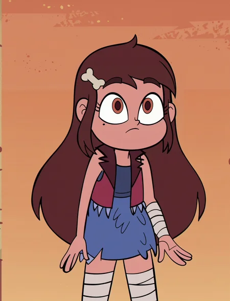 score_9, score_8_up, score_7_up, score_6_up, score_5_up, 1girl, <lora:SVTFOE_Diaz_Family:1> mariposa diaz, vest, blue dress, bandages, brown hair, long hair, brown eyes, bone hair ornament,
<lora:Khyleri_EXL:0.35> orange background, svtfoe style,