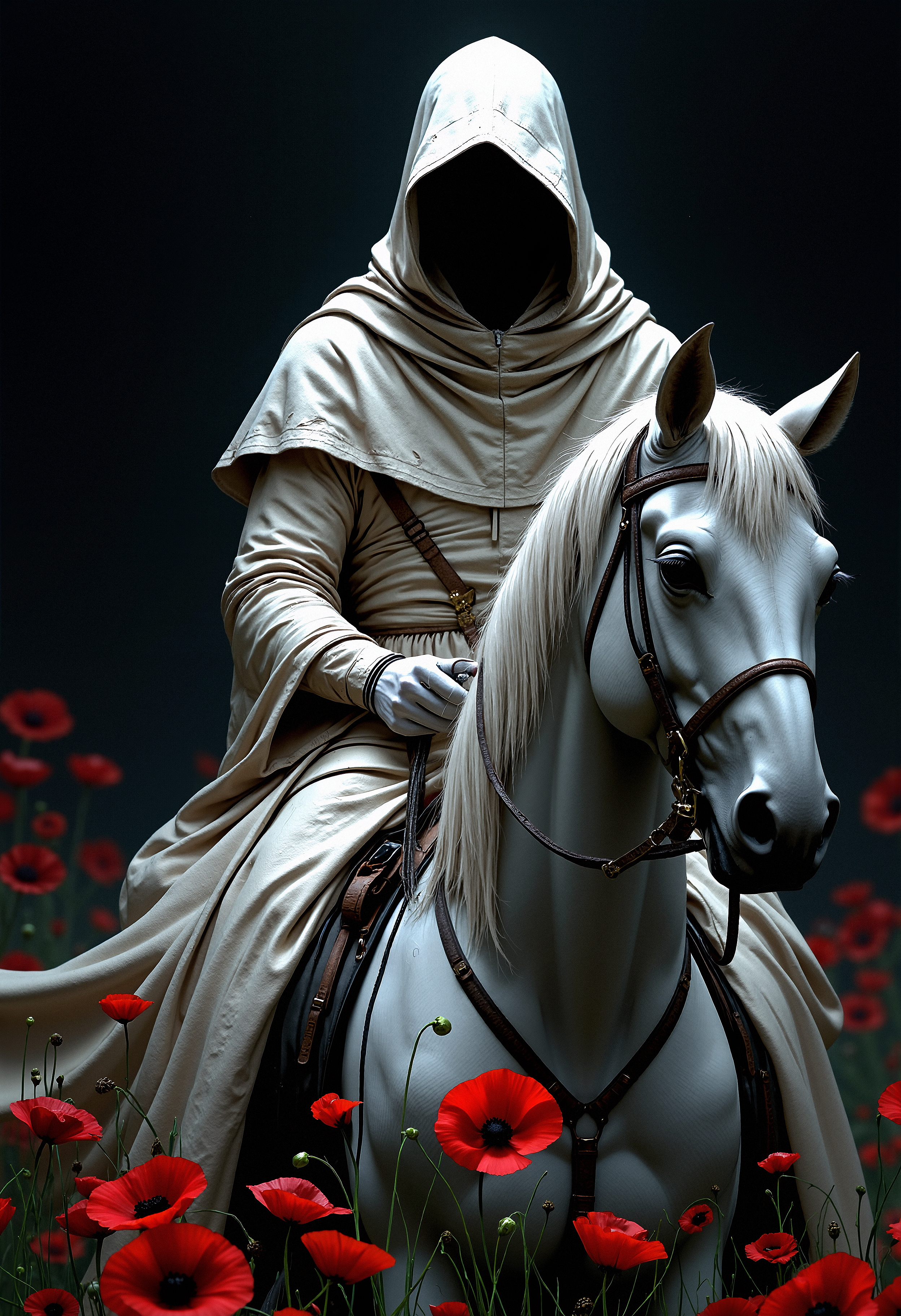 A mysterious figure cloaked in an off-white, hooded robe with a faceless, shadowed head, sitting motionless on a white horse. The figure's body is completely covered, with only the gloved hands visible, gently holding the reins. The horse is adorned with a simple bridle, its mane smooth and flowing. Surrounding the horse's legs are vivid red poppies in full bloom, their contrast stark against the dark, shadowy background. The atmosphere is eerie, somber, and almost otherworldly, with minimal light focusing on the central subjects, leaving the background in deep shadow.  <lora:FluxMythP0rtr4itStyle:0.8> MythP0rt, <lora:aidmaImageUpgrader-FLUX-V0.1:0.33> detailmaximizer,