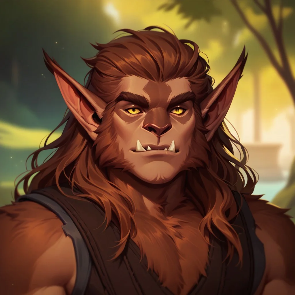 (((beautiful, high quality))), upper body, score_9, score_8_up, score_7_up, solo,
Bugbear, furry, pointed ears, fangs, 1boy, male focus, yellow eyes, brown fur, long hair,
outdoor, fantasy background, nature, blurred background,