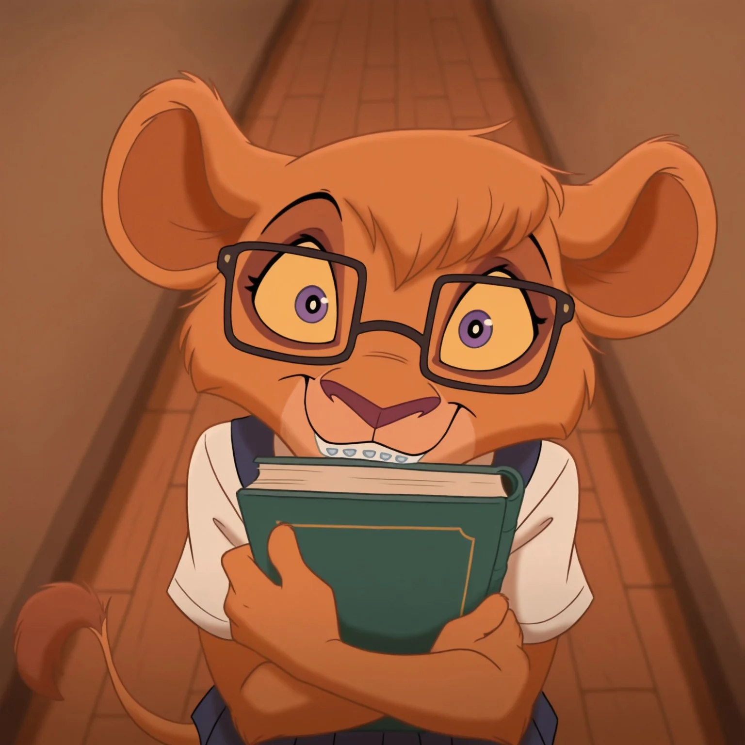 (amazing quality, masterpiece, perfect anatomy, newest), anime art, VitaniTLK, furry, anthro, feline, lioness, brown hair, short hair, yellow sclera, purple eyes, black pupils, dark-pink nose, brown body, brown fur, tan body, tan fur, two tone body, two tone fur, brown tail, dark-brown tail tuft, school girl uniform, school hallway, braces, square glasses with tape bridge, holding book to chest, dynamic perspective, POV,