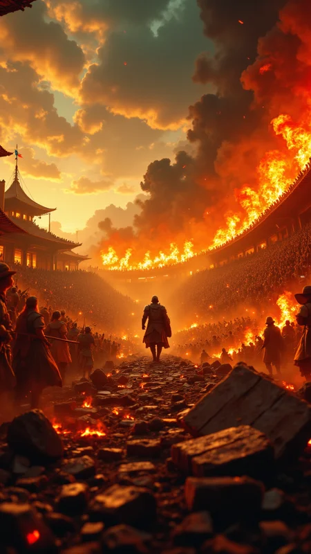 photograph, a fierce battle between the ancient and modern civilizations fills the air as flames dance across the sky. The ground shakes with each step, sending debris flying in all directions. The air is thick with smoke and burning flesh, designed by Eyvind Earle, cinematic lighting, Fujichrome Provia 100F, atmospheric perspective, aidmafluxpro1.1