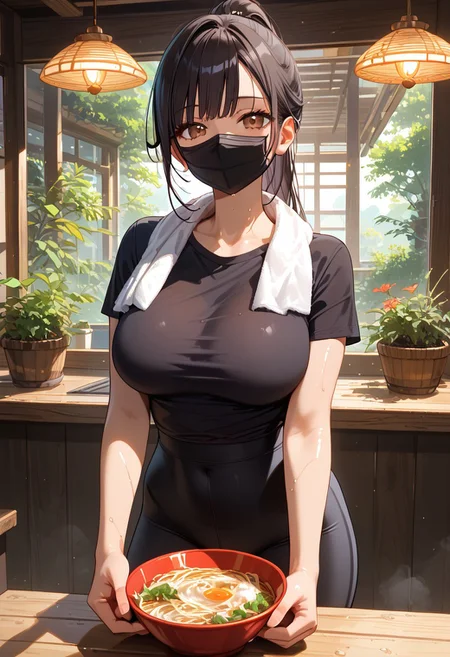 score_9, score_8_up, score_7_up, highest quality, extremely detailed, 4k, 8k, amazing quality, masterpiece, BREAK,
Expressiveh, BREAK,
mature female, slim waist, shiny skin, sweaty, 1girl, 1girl, solo, black hair, ponytail, black mask, face mask, brown eyes, towel, towel around neck, black t-shirt, tight t-shirt, plain t-shirt, yoga pants, black yoga pants, plain yoga pants, sensational legs, pretty eyes shine, lightly oiled skin, large breasts, ambient daylight, bright natural ambient lighting, beautiful composition, bright background, holding ramen, holding bowl,
RamenMarketStall, cart