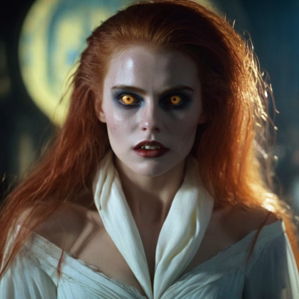 Hyperrealistic art of  <lora:Fright Night 1985 Film Style:1>
Cinematic Closeup Shot Film Footage captured by Panavision Cameras and Lenses, vampire creature, Amy a vampire in a white scarf dress with a creature face and scary monster teeth staring at camera with red yellow eye lenses and long orange red hair and vampire makeup with a creepy look on her face in a room with cool blue dramatic light on Fright Night 1985 Film Style, Extremely high-resolution details, photographic, realism pushed to extreme, fine texture, incredibly lifelike