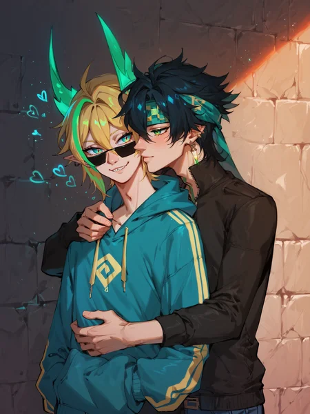 score_9, score_8_up, score_7_up,
<lora:Passionate_Neck_Kissing_Lora:0.7> kiss_neck_lora
((2boys)), reacharound hug, hug from behind, petite skinny boyish body, skinny, wearing cap, hoodie,
kinich,black hair,hair between eyes,green eyes,jewelry,headband,green tattoo on neck,adoring gaze,
ajaw, KINICH, neon yellow hair, multicolored hair, green hair, HAIR BETWEEN EYES,cyan EYES, two dragon horns,green horns, devil horns, pointy ears, smug, smirk, black sunglasses,sharp teeth,
<lora:DealWithIt_XLPD:0.5> incrsxldealwithit
<lora:kinich:0.5>
<lora:Aurealis_beta:0.5> bioluminescent, Aurealis, glowing,
<lora:princess_xl_v2:0.5>
<lora:incase-ilff-v3-4:0.4>