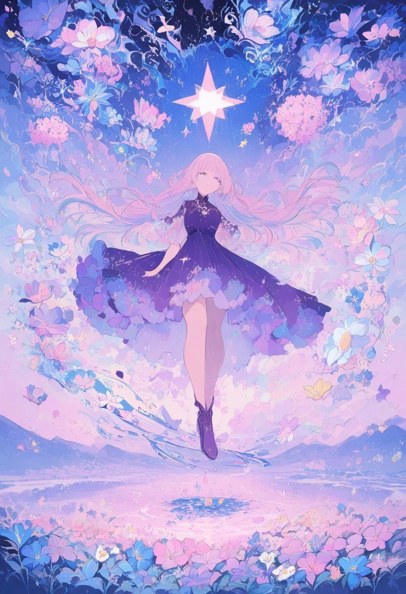 colorful, 1girl, dress, floating, flower, light, levitation, pastel colors, petals, pink flower, purple dress, star \(symbol\), surreal, white flower, purple footwear, blue flower, abstract background, long hair, masterpiece, best quality, newest, very awa