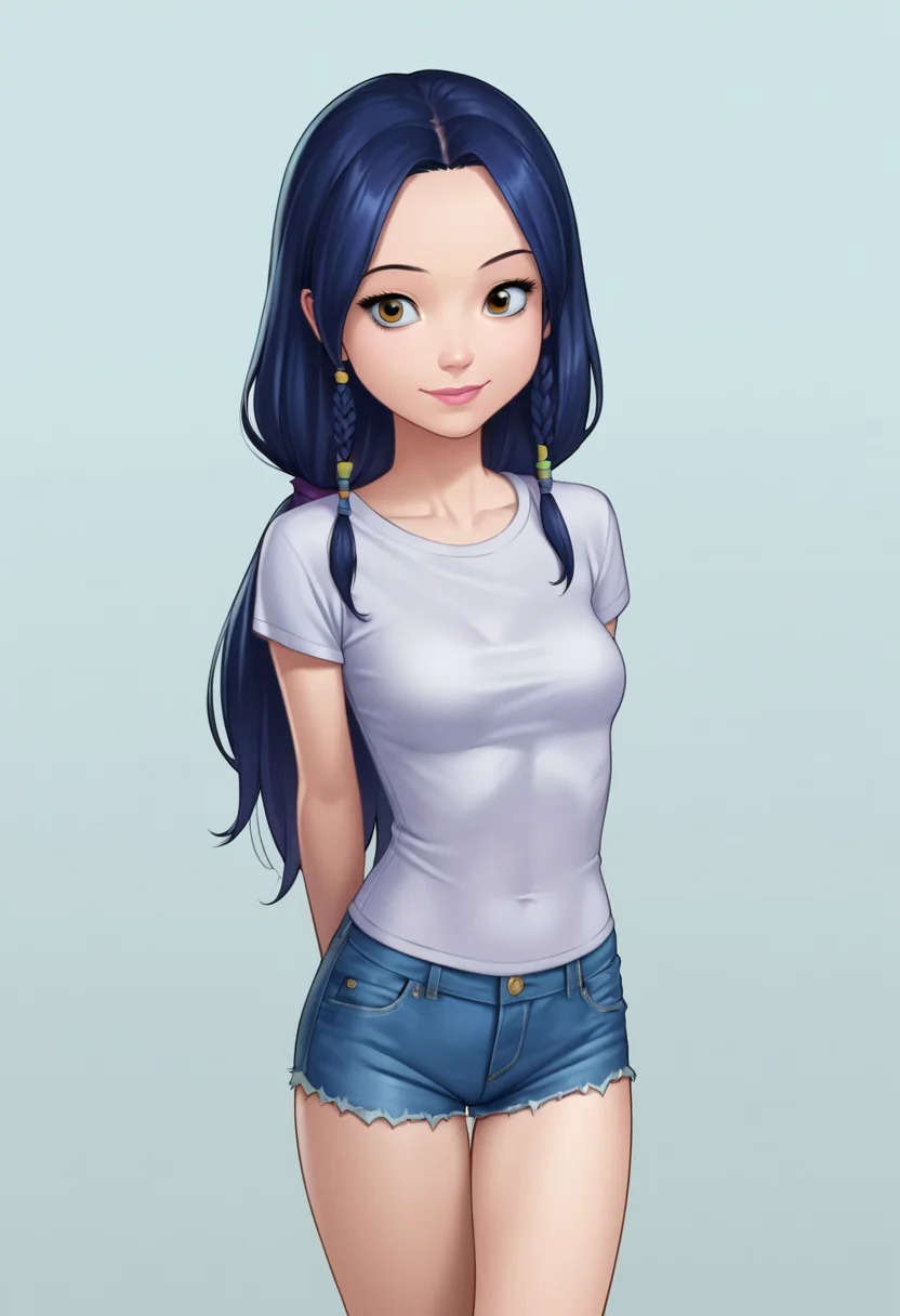 score_9, score_8_up, score_7_up, score_6_up, anime, source_anime, 1girl, solo, Lucinda_the_witch, detailed eyes, perfect face, perfect eyes, beautiful eyes, petite body, standing, arms behind back, posing, light smile, simple background, dynamic angle, t-shirt, jean shorts