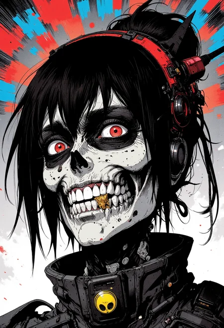 Nistyle, monochrome manga sketch, eerie and haunting extreme face close-up ofafemale skeleton with a weathered, menacing, surreal appearance, with an unnerving smile with missing teeth, striking eyes, and grotesque features. The skeleton has one gold-colored tooth and wears the remains of tattered leather armor with sci-fi elements. The eyes are shaded, sad and pained, with a contagious sorrow accentuating the intense, unsettling gaze. The macabre sketch is hyper-detailed in manga style, featuring a vibrant neon fluorescent monochromatic gradient background in bleached tones, combined with gray and white color grading for a dramatic effect. <lora:test2-000013-nistyle:0.8><lora:Reticulating_Noise_Gradient_Flux:0.3> Reticulating Noise Gradient, noisy, grain-shaded gradient, vibrant neon fluorescent hues, grainy, pixelated texture, filter-enhanced, stylized image, monochromatic color scheme, neon fluorescent theme,<lora:Wiz-Arcana-Spectral_Glow:0.35> spectral glow, chromatic grain, motion blur, diffuse silhouette, light leak effect, prism effect, inverted negative film, ethereal <lora:Classic_Anime_Colors:0.5>