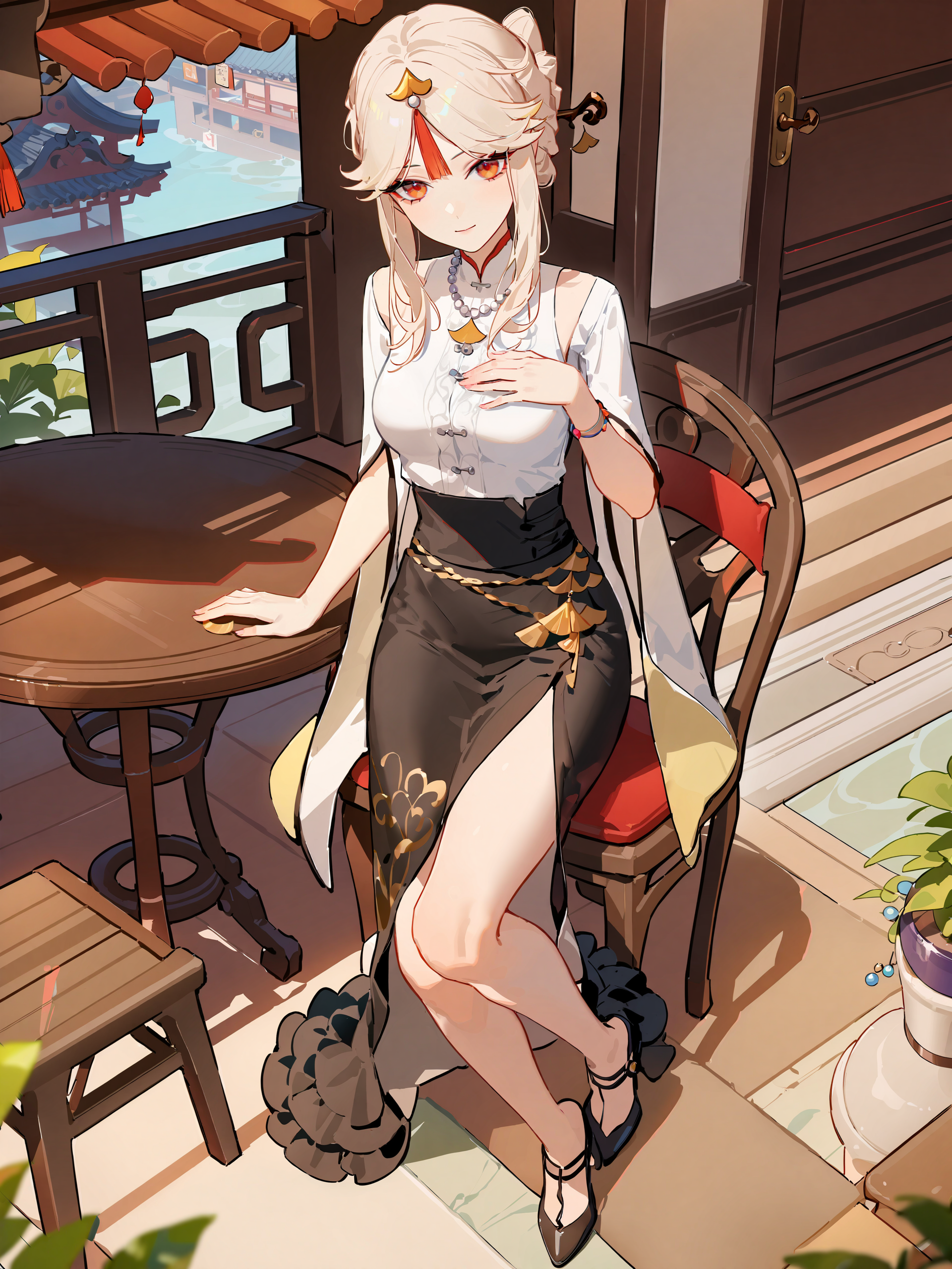 1girl, ningguang-casual, solo, mary janes, high-waist skirt, blouse, wide sleeves, hair up, bead necklace, orange tassel hair ornament, full body, hand on own chest, looking at viewer, light smile, table, chair, sitting, garden, east asian architecture, outdoors, depth of field  <lora:Char-Genshin-Ningguang-XL-V1:0.9>, masterpiece, best quality, very aesthetic, ray tracing, newest,(hitenkei, askzy:0.5), [<lora:detailed_notrigger:0.95>::0.5]