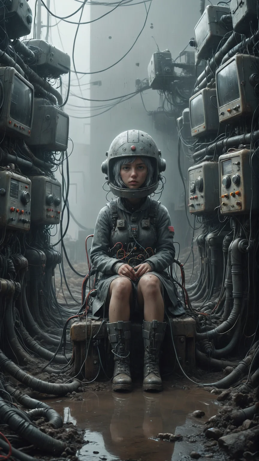 <lora:Simon Stalenhag:1>,(style of Simon Stalenhag),(Cinematic Lighting:1),(moody lighting:0.4),dim the lights,in a crowded and disorganized room,pipes,bunch of wires,medium_shot,(solo_focus),1girl wearing a head made of electronics helmet with a bunch of wires on it,<lora:Mnemonic_Style_e4:1>,windtech,<lora:Dystopia:0.4>,sitting_on_a_old_machine with a bunch of wires,((solo)),lonely,silver hair,dirty_clothes,long_coat,armored_boots,foggy,smoke on the water,<lora:fflix-sotw:0.5>,rubble_ruins,water accumulation on the bumpy road surface,ais-buriedz,<lora:Buried_Style_SDXL:0.4>,reflection,<lora:dare_unsettling_water:0.5>,fodder field,grey atmosphere,atmospheric haze,dirty of mud,dust everywhere,lots of details,<lora:great_lighting:0.6>,sci-fi,hyper realistic octane render,(Extremely high-resolution details, photographic, realism pushed to extreme, fine texture,incredibly absurdres,absurdres,masterpiece,Extremely high-resolution details,realism pushed to extreme,fine texture),<lora:more_details:0.5>,