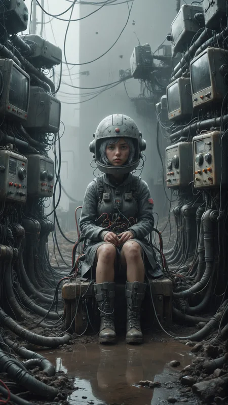 <lora:Simon Stalenhag:1>,(style of Simon Stalenhag),(Cinematic Lighting:1),(moody lighting:0.4),dim the lights,in a crowded and disorganized room,pipes,bunch of wires,medium_shot,(solo_focus),1girl wearing a head made of electronics helmet with a bunch of wires on it,<lora:Mnemonic_Style_e4:1>,windtech,<lora:Dystopia:0.4>,sitting_on_a_old_machine with a bunch of wires,((solo)),lonely,silver hair,dirty_clothes,long_coat,armored_boots,foggy,smoke on the water,<lora:fflix-sotw:0.5>,rubble_ruins,water accumulation on the bumpy road surface,ais-buriedz,<lora:Buried_Style_SDXL:0.4>,reflection,<lora:dare_unsettling_water:0.5>,fodder field,grey atmosphere,atmospheric haze,dirty of mud,dust everywhere,lots of details,<lora:great_lighting:0.6>,sci-fi,hyper realistic octane render,(Extremely high-resolution details, photographic, realism pushed to extreme, fine texture,incredibly absurdres,absurdres,masterpiece,Extremely high-resolution details,realism pushed to extreme,fine texture),<lora:more_details:0.5>,