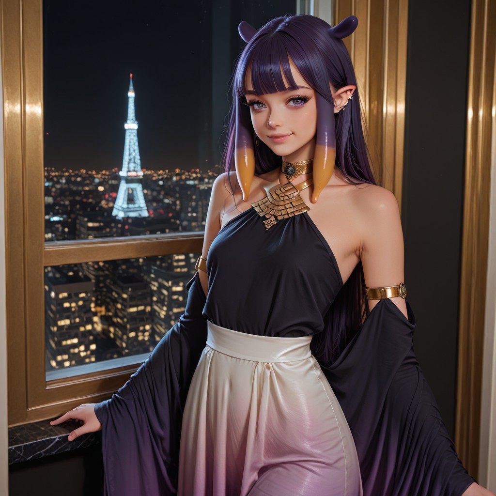ultra-detailed,masterpiece, best quality, good quality, 8k,beautiful eyes, detailed eyes, detailed face, Cowboy Shot,
BREAK
ninomae inanis, pointy ears, long hair, purple hair, multicolored hair, blunt bangs, tentacle hair, sidelocks, purple eyes, choker,
BREAK
v1ll4-g0wn, white dress, black dress, gradient dress, bare shoulders, large sleeves, gold metal,
BREAK
seductive smile, standing,
BREAK
Intricate, detailed background, colorful, detailed background, dynamic angle, volumetric lighting, cinematic lighting,
BREAK
Indoors, Modern Apartment, Large window showing a cityscape at night,
BREAK
artist:moriimee,  <lora:MoriiMee_Gothic_Niji_Style_Illustrious_r1:0.6>, <lora:PowerPuffMixLora:0.5>,
BREAK