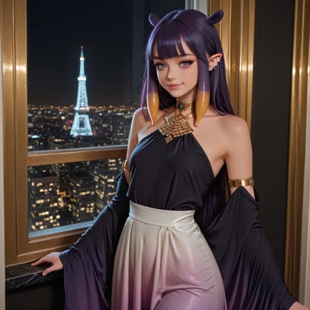 ultra-detailed,masterpiece, best quality, good quality, 8k,beautiful eyes, detailed eyes, detailed face, Cowboy Shot,
BREAK
ninomae inanis, pointy ears, long hair, purple hair, multicolored hair, blunt bangs, tentacle hair, sidelocks, purple eyes, choker,
BREAK
v1ll4-g0wn, white dress, black dress, gradient dress, bare shoulders, large sleeves, gold metal,
BREAK
seductive smile, standing,
BREAK
Intricate, detailed background, colorful, detailed background, dynamic angle, volumetric lighting, cinematic lighting,
BREAK
Indoors, Modern Apartment, Large window showing a cityscape at night,
BREAK
artist:moriimee, <lora:MoriiMee_Gothic_Niji_Style_Illustrious_r1:0.6>, <lora:PowerPuffMixLora:0.5>,
BREAK