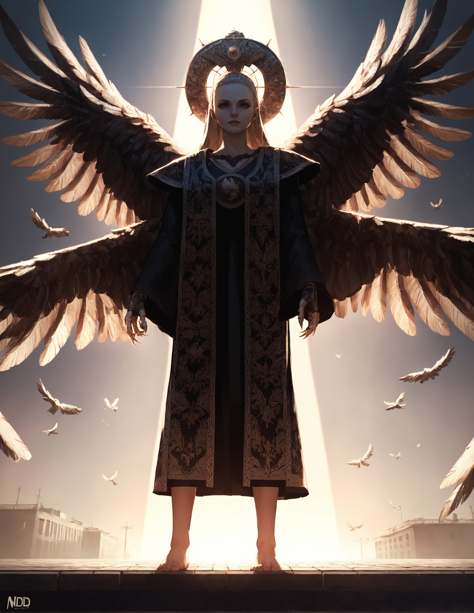 score_9, score_8_up, score_7_up,score_6_up,high resolution,source_anime,mrnd,1girl,street,blonde hair,long hair,black veil,black robe,mechanical halo,feathered wings,volumetric lighting,rim lighting,sunny,sun,day,dof,solo,close-up,from below,looking at viewer,barefoot,standing