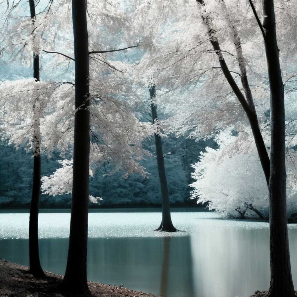 Hyperrealistic art of  Cinematic, Grainy:1.5, Detailed:1, Sharp Image:1.2, of
 <lora:Kodak Motion Picture Film Style3:1>
Best Cinematic infrared Picture of a lake with trees and bushes in the background Kodak Motion Picture Film Style, Extremely high-resolution details, photographic, realism pushed to extreme, fine texture, incredibly lifelike