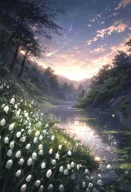 detailed background,( Calm spring night landscape), amongst lush greenery, beautiful view, Lily of the valley in full bloom, Lily of the valley, early morning, sunrise sky, beautiful clouds, dappled sunlight, beautiful detailed stars, shooting stars, Tranquil Lake, petals dancing in the wind, depth of field, masterpiece, best quality, ultra-detailed, very aesthetic, illustration, perfect composition, intricate details, absurdres, moody lighting, wisps of light, no humans,