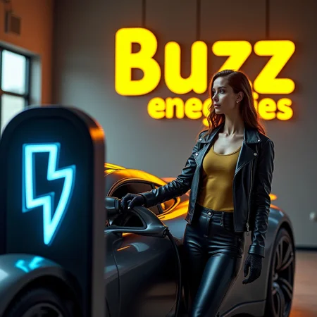 A beautiful woman wearing black leather pants, a gold top and a black leather jacket and black driving gloves is standing next to a futuristic sports car that is being charged. The charger shows a large blue civitai lightning logo.
A large yellow neon sign reads "BUZZ energies".