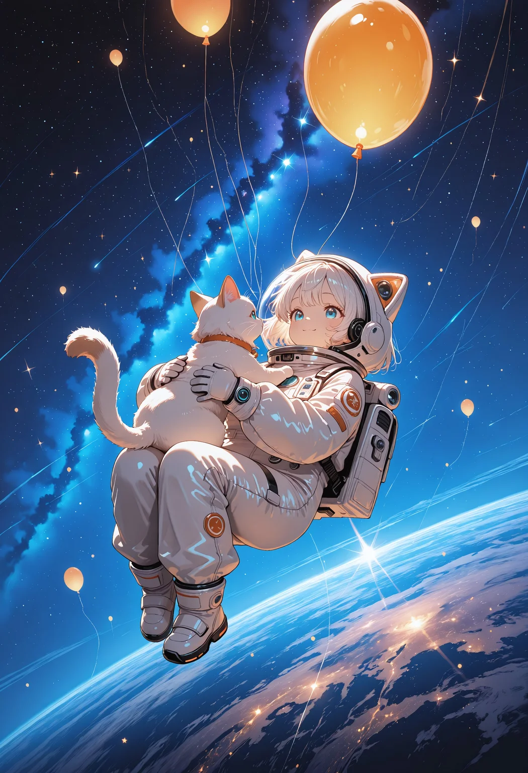lazypos, refined detailed, high quality, highres, cinematic lighting, absurdres, 8k, detailed, highest definition, (masterpiece, best quality, ultra-detailed, full body, very aesthetic, fantasy art style, cute astronaut, child in spacesuit, space suit with cat ears, floating, smiling, short white hair, round face, childlike), (2 cats, white cat, fluffy cat, floating cat, adorable cats, interaction), moon balloon, glowing balloon, sparkles, dreamy expression, soft shading, soft colors, character design art, fantasy, artistic, beautiful lighting, delicate details, BREAK, outer space, stars, sparkling sky, planet below, magical atmosphere, cosmic scene, glowing stars, orbit rings, celestial objects, smooth gradients, dreamlike quality, ethereal atmosphere, atmospheric, absurdres, newest, beautiful composition, soft glow, midniji, vibrant colors, detailed character design, traditional media, aosiai123_illu
