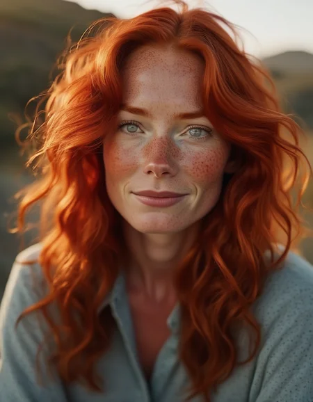 A portrait of a woman with wavy, shoulder-length red hair, her freckled face glowing with warmth, and her amber eyes exuding a quiet confidence. <lora:usual-portrait-v2:1>