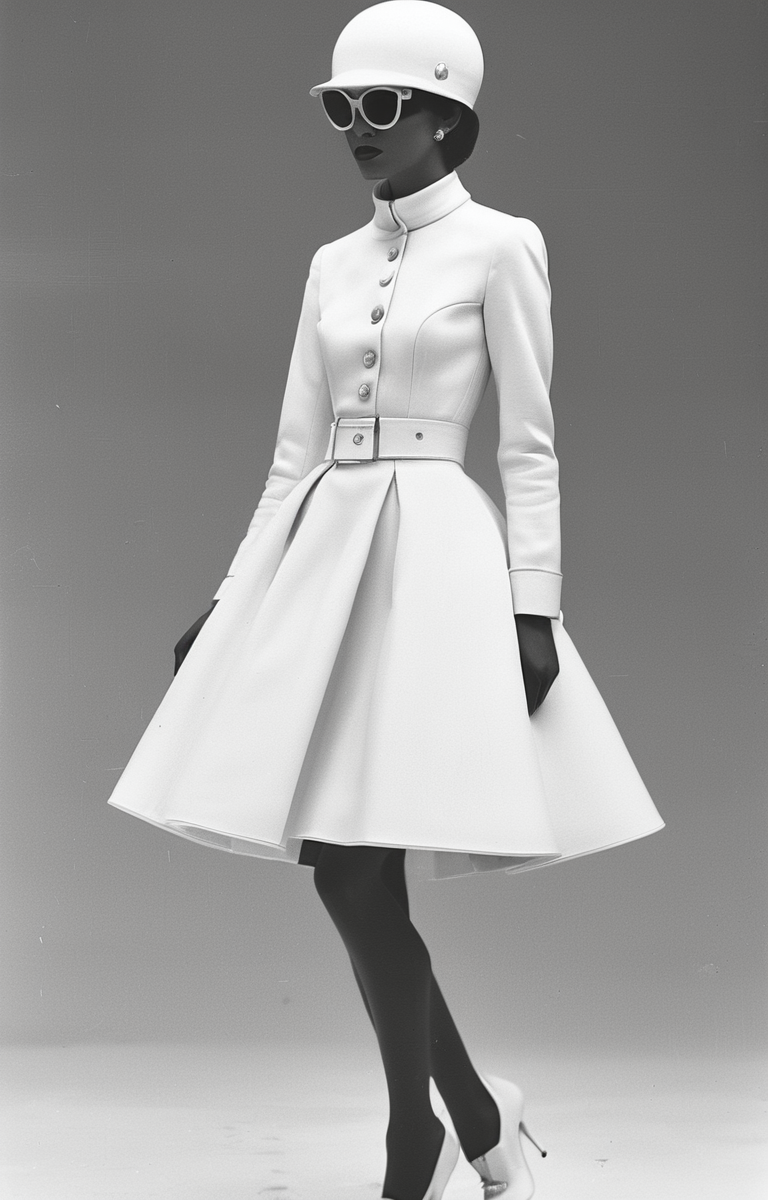 masterpiece,best quality,<lora:tbh321-sdxl:0.9>,illustration,style of Andre Courreges Dior's iconic 'New Look' silhouette, cinched waist, full skirt, 1950s glamour, Paris fashion week