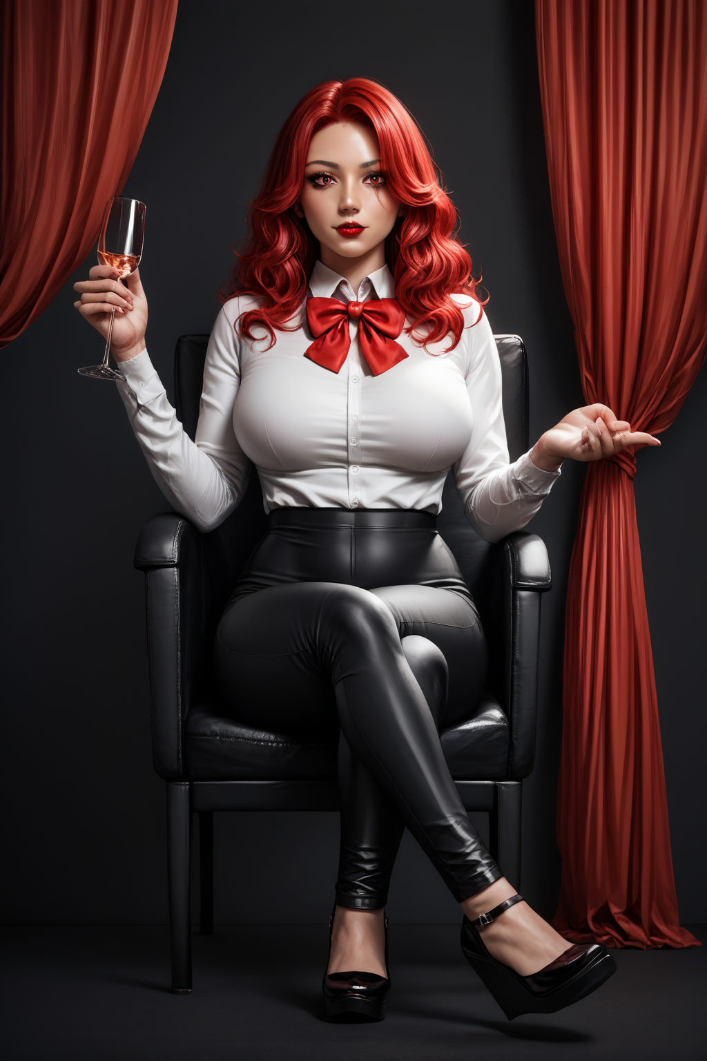 score_9, score_8_up, score_7_up, 1girl, source_anime, detailed, crossed legs, long red hair, wavy hair, white shirt, dress shirt, red bowtie, black pants, mature, holding wine glass, parted hair, Wedge heels, lipstick, red theme, black theme, red curtains, Acrylic wedges, Black footware.