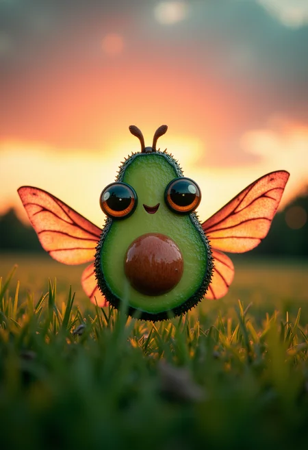 analog photo, Kodak Portra 400 vibe, macro close-up aerial view, cute kawaii half avocado with core seed monster with moth wings with large googly eyes and sharp mouth, inspired by Chris Ryniak and Gemma Correll, flying on green fields happily in a cloudy sky, vibrant tones , cinematic hdr dramatic orange pink sunset lighting backlit vaporwave gloomy