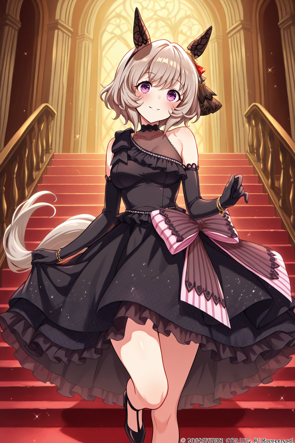masterpiece,best quality,very aesthetic,absurdres,highres,newest,official art,official style,
uncensored,
1girl,solo,
crc wedding,curren chan (umamusume),
animal ears,blush,dress,elbow gloves,gloves,grey hair,hair ornament,
horse ears,horse tail,ribbon,short hair,tail,wedding dress,black dress,black gloves,long dress,
bow,ear covers,ear ornament,horse girl,official alternate costume,
purple eyes,detached sleeves,bare shoulders,black footwear,dress bow,
frilled dress,frills,high heels,see-through,see-through cleavage,see-through dress,
sleeveless,sleeveless dress,black choker,bracelet,choker,bangs,violet eyes,
eye_focus,<lora:eye_focus:1>,
<lora:umamusume_curren_chan_ill_v1.0:1>,