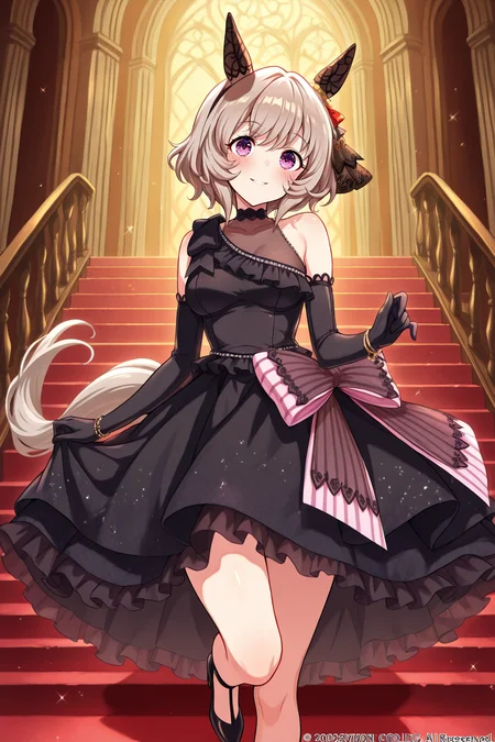 masterpiece,best quality,very aesthetic,absurdres,highres,newest,official art,official style,
uncensored,
1girl,solo,
crc wedding,curren chan (umamusume),
animal ears,blush,dress,elbow gloves,gloves,grey hair,hair ornament,
horse ears,horse tail,ribbon,short hair,tail,wedding dress,black dress,black gloves,long dress,
bow,ear covers,ear ornament,horse girl,official alternate costume,
purple eyes,detached sleeves,bare shoulders,black footwear,dress bow,
frilled dress,frills,high heels,see-through,see-through cleavage,see-through dress,
sleeveless,sleeveless dress,black choker,bracelet,choker,bangs,violet eyes,
eye_focus,<lora:eye_focus:1>,
<lora:umamusume_curren_chan_ill_v1.0:1>,