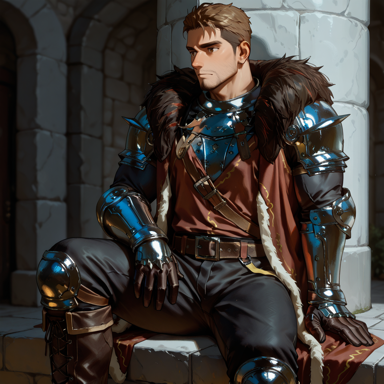 <lora:Dragon Age - Cullen Rutherford - Illustrious-000008:.75>, cullen_rutherford, 1boy, male, brown eyes, fur-trimmed cloak, pauldrons, breastplate, shirt, gauntlets, gloves, belt, black pants, boots
(very short hair, beard, bara, mature, facial hair, stubble, beard, full beard, sideburn, beard, a lot of beard, ), facial hair,male focus, muscular male, muscular male, bara, mature,  bara, mature, aixiwuganda_(20222192), very awa, masterpiece, best quality, absurdres, newest, perfect quality, detailed background, intricate details,
<lora:slider_Body Type_alpha1.0_rank4_noxattn_last:3><lora:style_Anime Summer Days 2 Style SDXL_LoRA_Pony Diffusion V6 XL:.6><lora:slider_cfg_scale_boost:.7><lora:Artist6p:.55>, Artist6p, Artist04p,<lora:slider_il_brightness_slider_d1:-1><lora:slider_il_contrast_slider_d1:-1><lora:slider_DarkSlider1.2_alpha1.0_rank16_full_300steps:-.6>