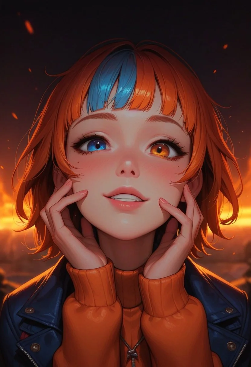 score_9_up, score_8_up, score_7_up, score_6_up, 1girl, 25 years old, perfect face, cute, petite, 
detailed face, blush, shy smile, portrait, face focus, depth of field, looking at viewer, close up,  
heterochromia, blue eyes, orange eyes,
multicolored hair, orange hair, blue hair, 
bright blue coat, orange sweater, 
winter, snow, lava,
dynamic pose, dynamic angle,