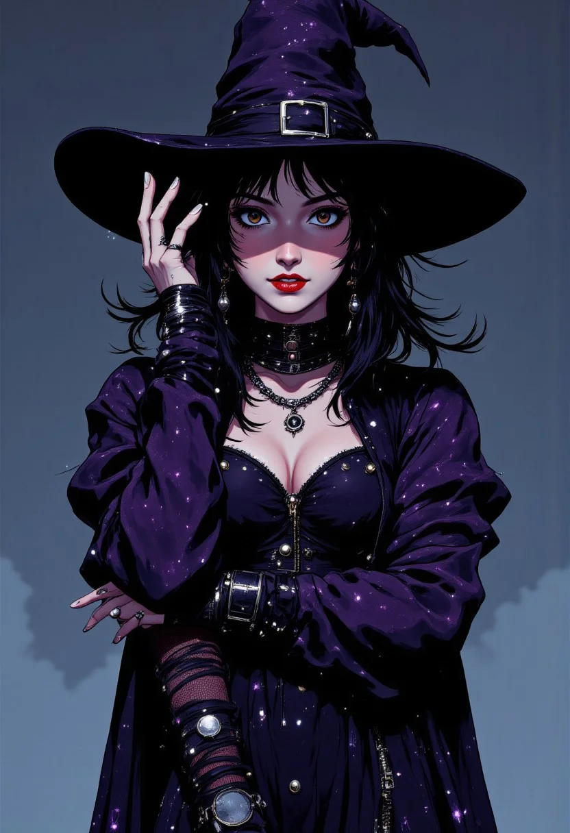 A hauntingly woman stands shrouded in an elaborate witch's costume. Atop her head sits a classic triangular witch hat, tall and imposing with a wide brim that casts mysterious shadows across her face. The hat is midnight black with subtle purple shimmer woven into the fabric, adorned with a tarnished silver buckle and wispy dark feathers along its base.
A fitted bodice of deep violet velvet hugs her torso, laced tightly with black satin ribbons that criss-cross down her front. The sleeves billow dramatically from shoulder to wrist, where they taper to pointed cuffs embellished with intricate silver embroidery depicting arcane symbols. Her floor-length skirt flows in layers of tattered black silk and sheer mesh, revealing glimpses of striped stockings and knee-high boots with pointed toes and silver buckles. Around her shoulders drapes a frayed cape that appears to move with a life of its own, its edges dissolving into wisps of shadow. Her neck is adorned with multiple silver necklaces bearing strange pendants and crystals. Most striking is her face – undeniably beautiful with high cheekbones, porcelain skin, and mesmerizing eyes that seem to shift between emerald and violet. Yet her beauty is twisted by an unsettling smile that stretches too wide across her face, revealing perfect teeth in a grimace of sadistic pleasure. Her cold eyes only calculated malice and a predatory glint that suggests she's enjoying thoughts no sane person would entertain.anime